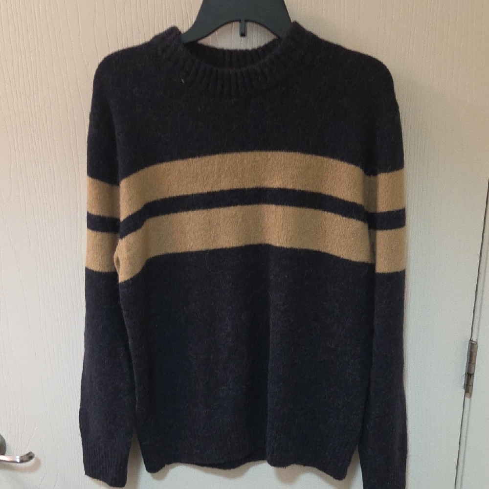 H&M Men's Dark Sweater with Beige Stripes Wool And Alpaca Blend